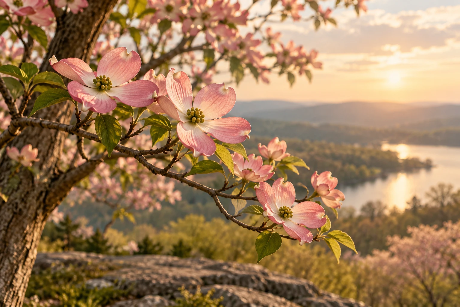Pink dogwood blossoms opening in gentle spring light, remembrance