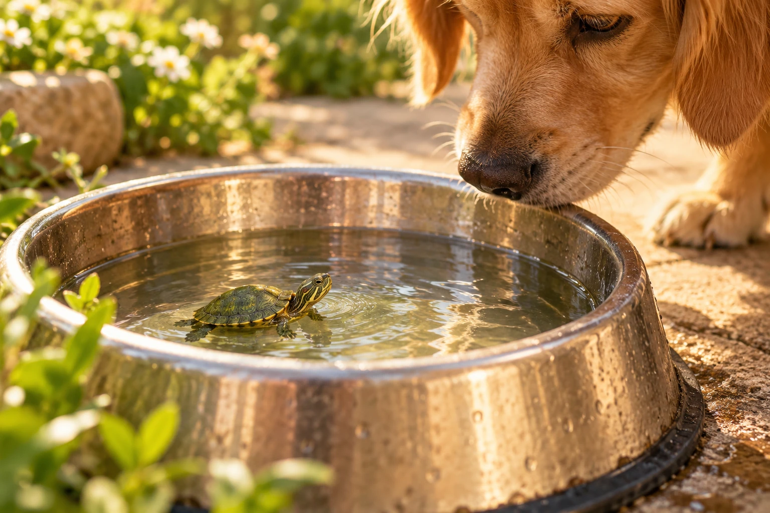 A very small green turtle inside a dog's outdoor water bowl