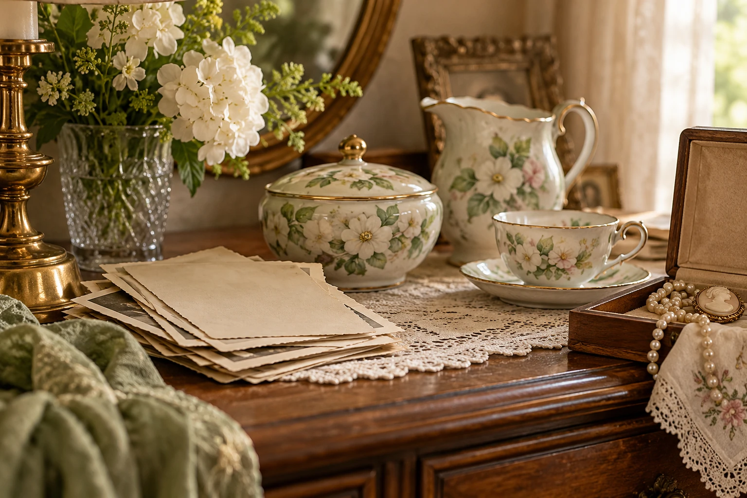 Old family photographs turned away beside hand-painted china, mother's keepsakes