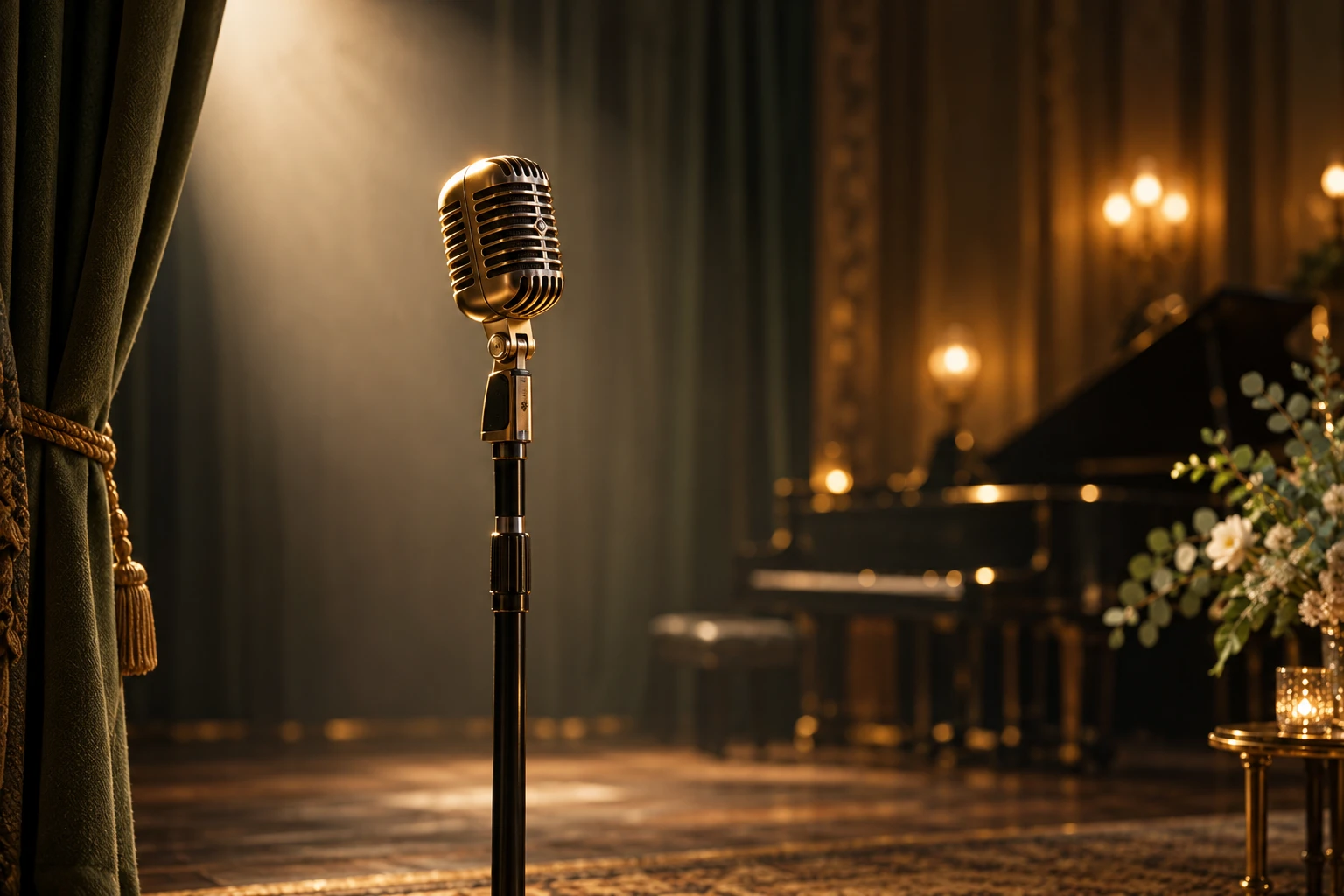 Unoccupied vintage concert microphone under a gentle stage spotlight, no celebrity