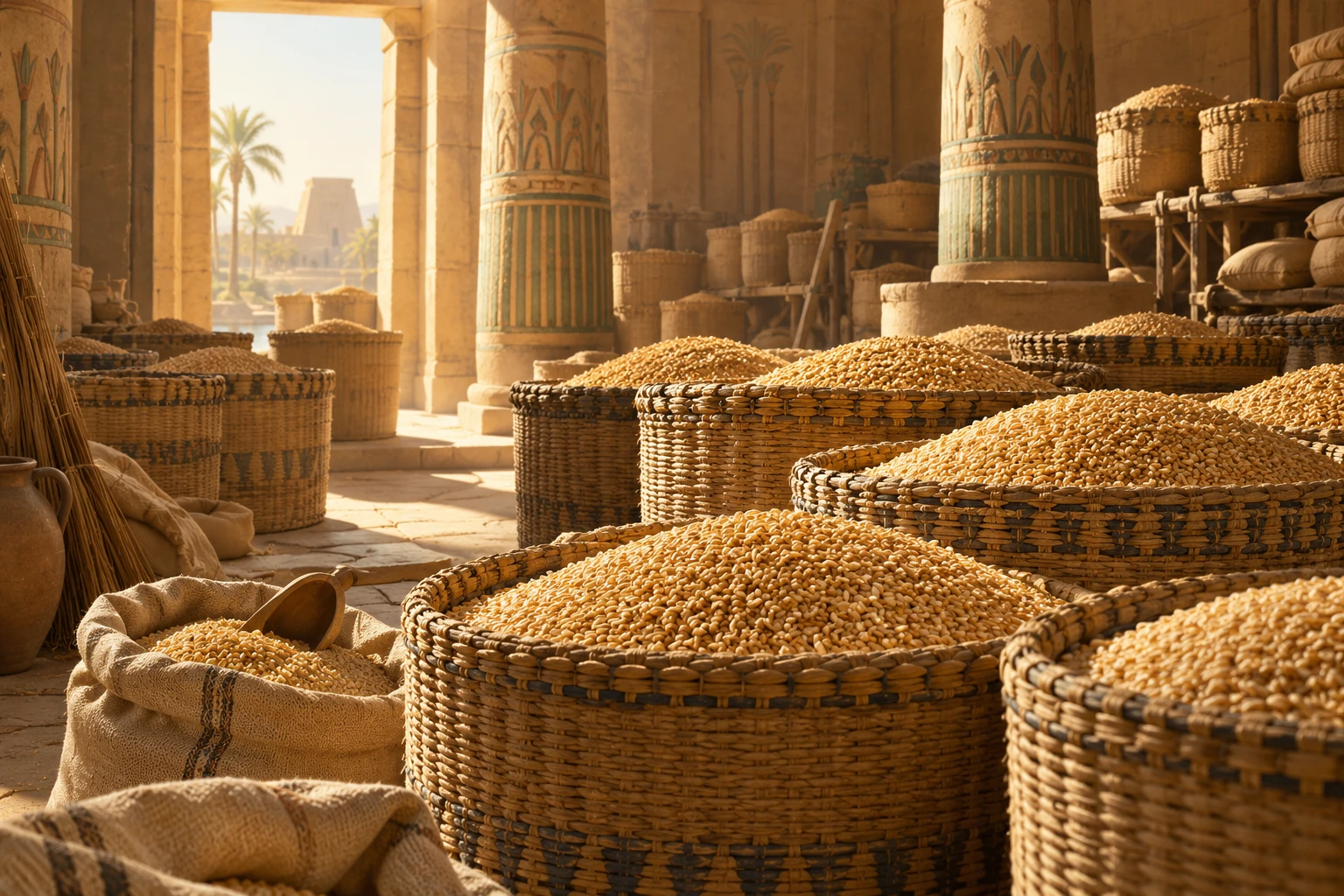 Woven baskets of grain in an ancient Egyptian storehouse, Joseph's story