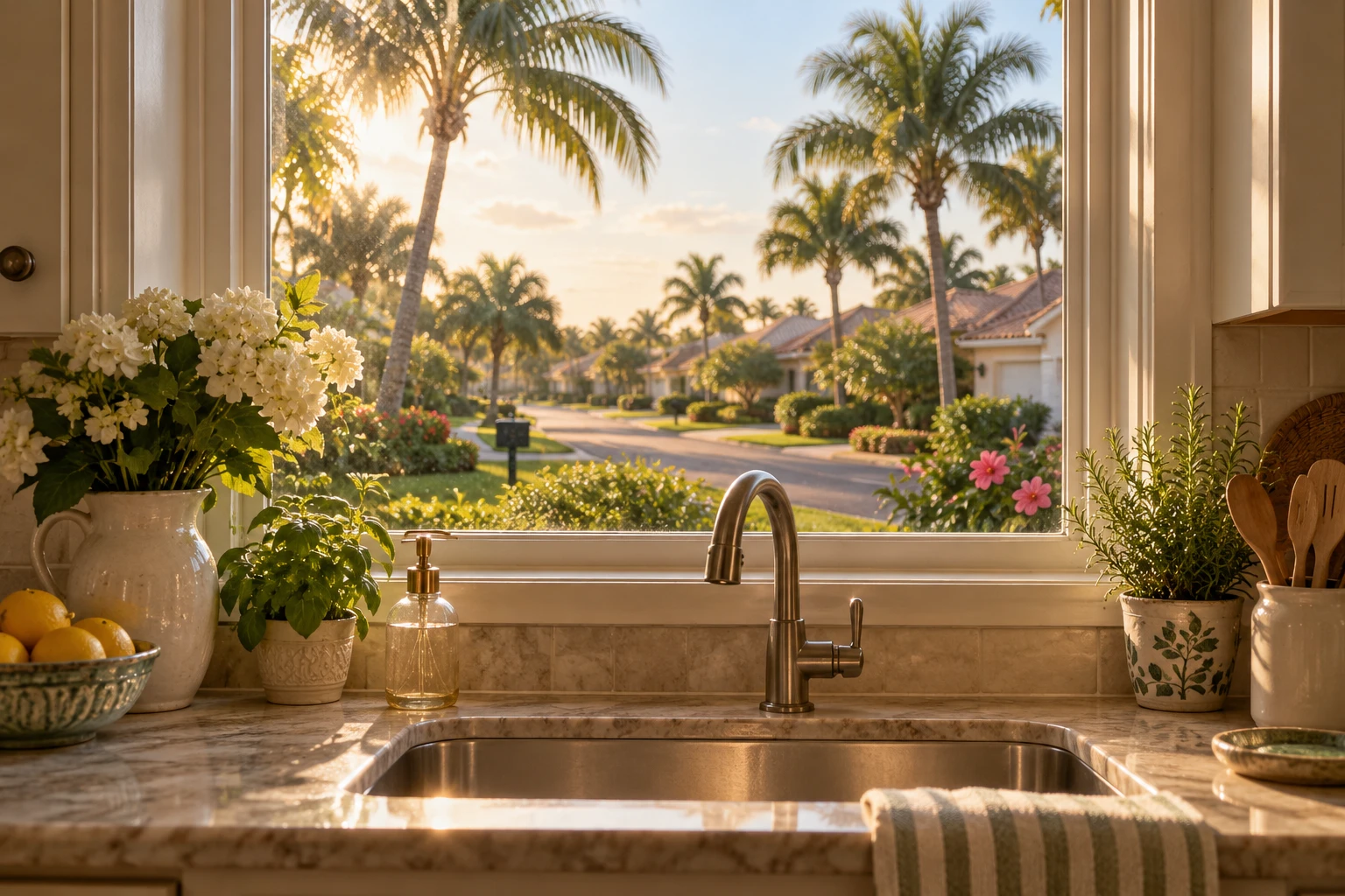 View from over a modest kitchen sink through a window onto a Florida neighborhood
