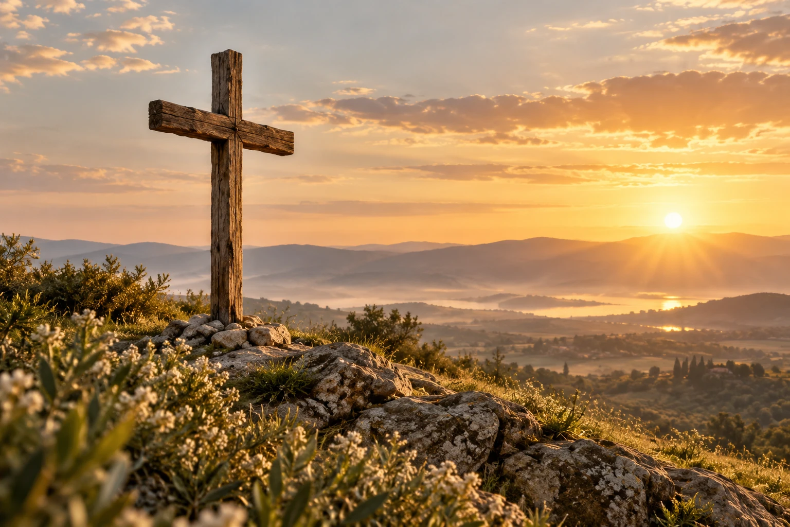 Simple wooden cross on a quiet hill at dawn, no body, resurrection hope