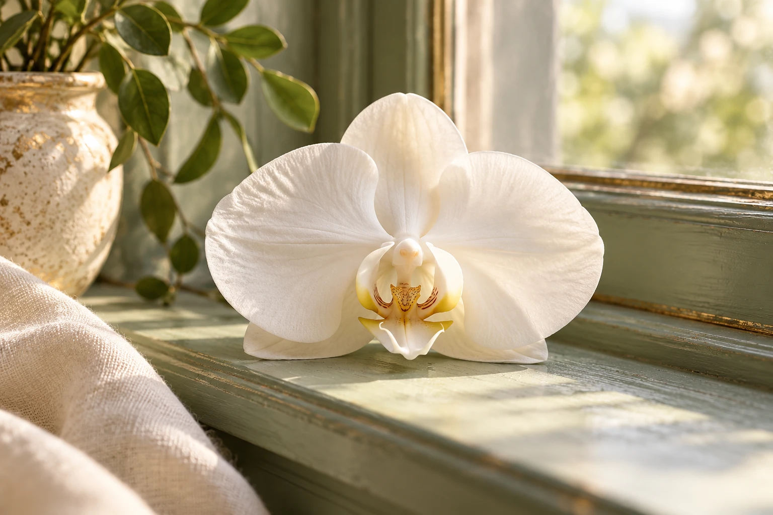 Close detail of a symmetrical white orchid blossom on a sage windowsill