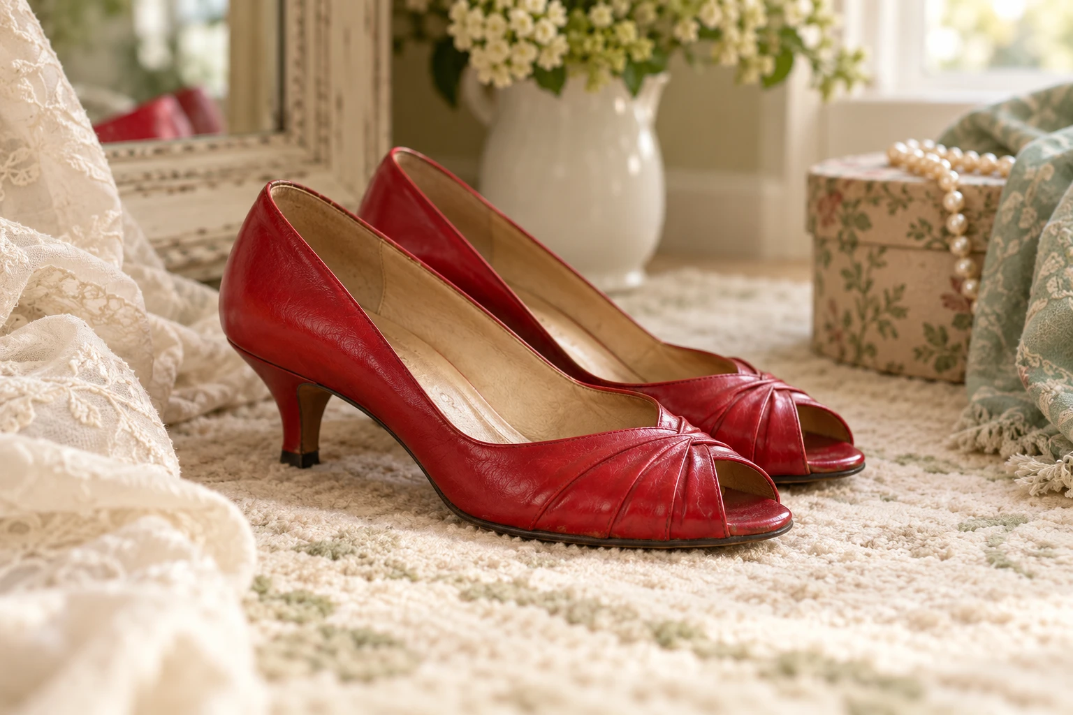 A cherished pair of red peep-toe shoes with modest heels