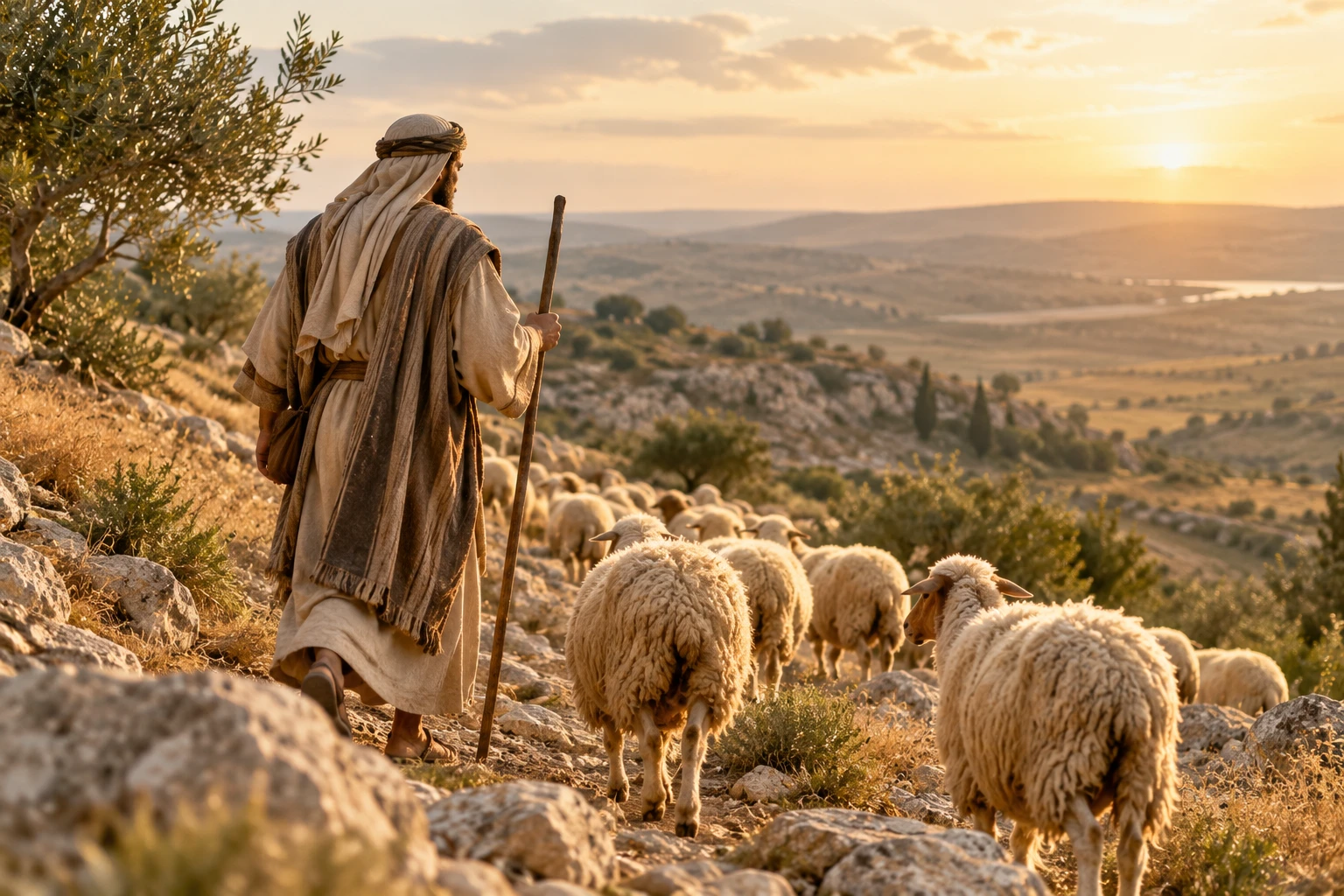 Shepherd in simple ancient robes guiding sheep on a dry Judean hillside