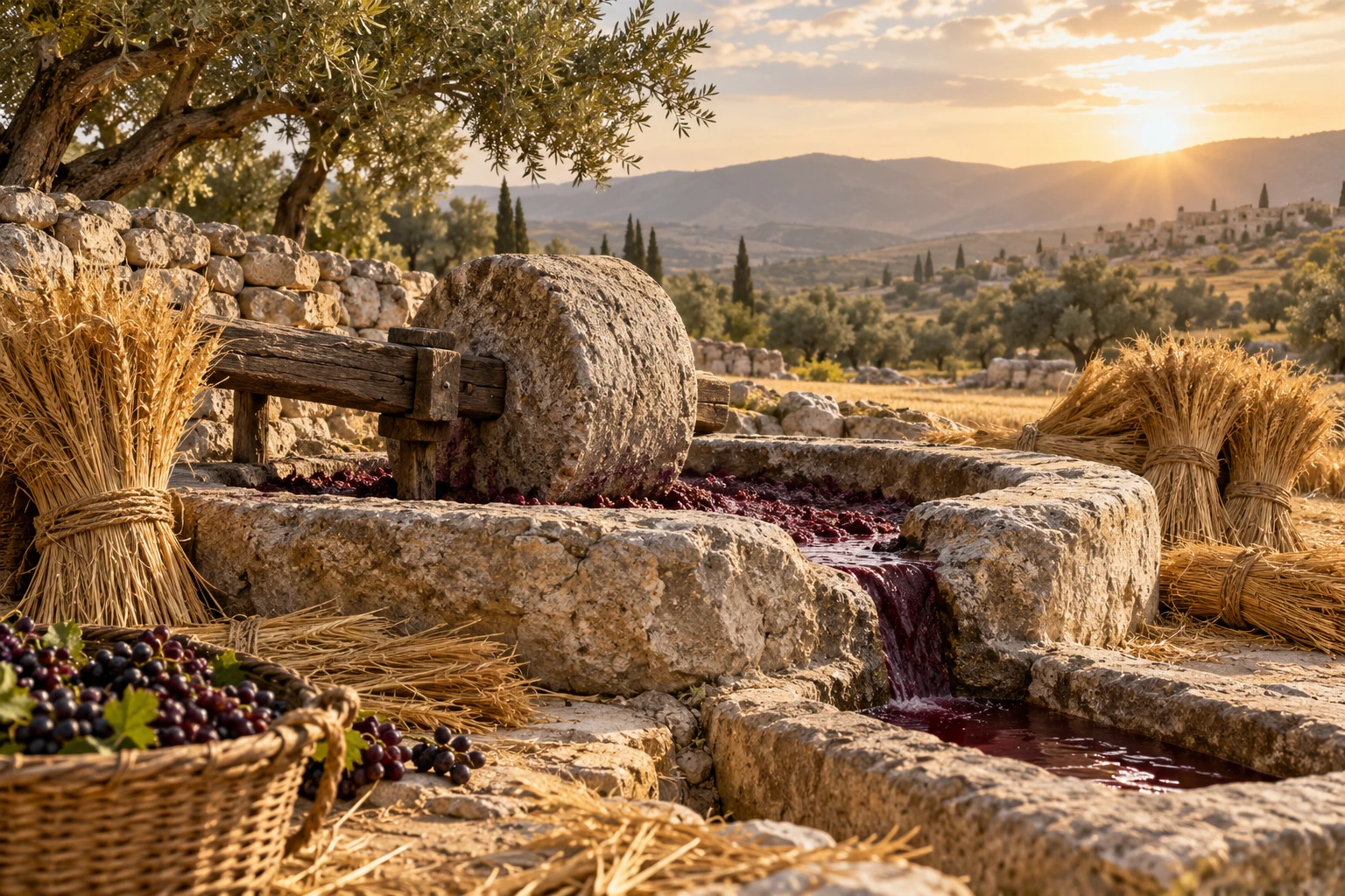 Ancient stone winepress with sheaves of wheat, Gideon's story in Judges